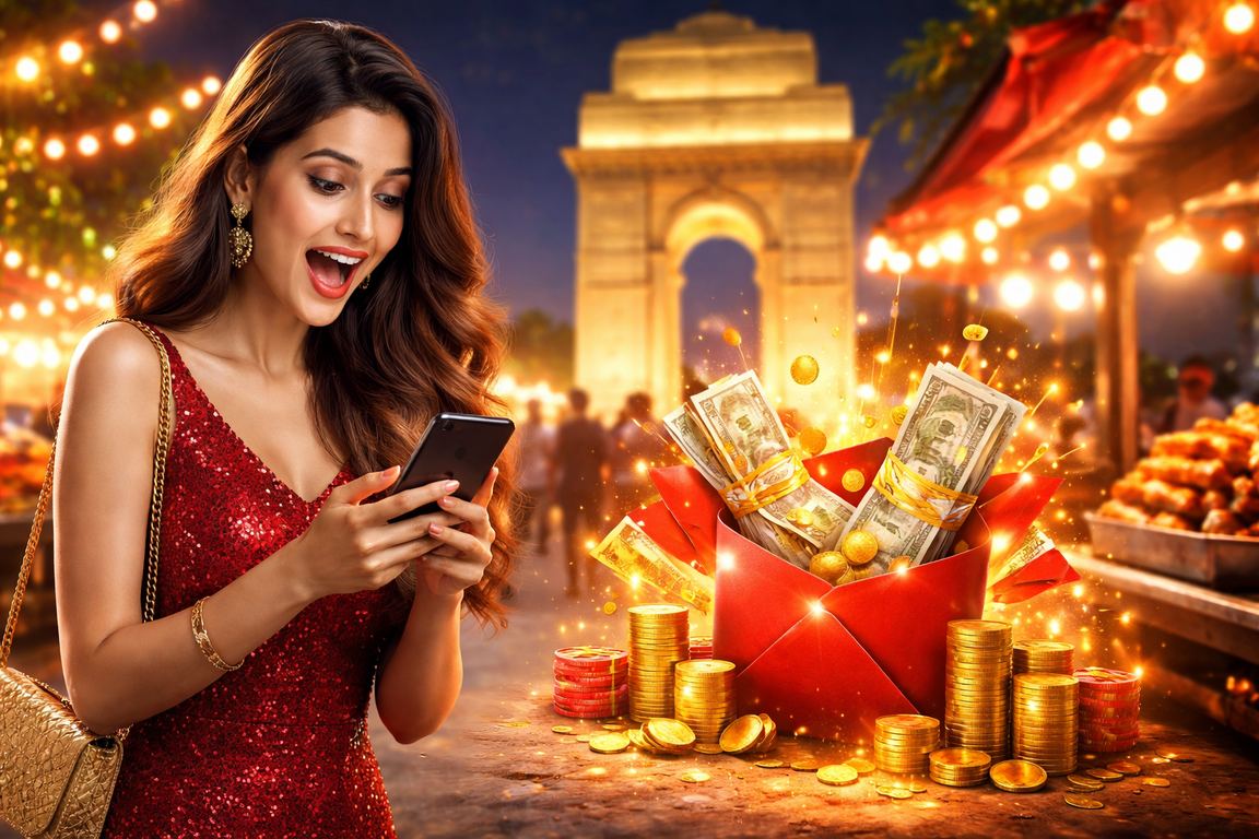 Red envelope with bonus money near India Gate Delhi for betting bonuses