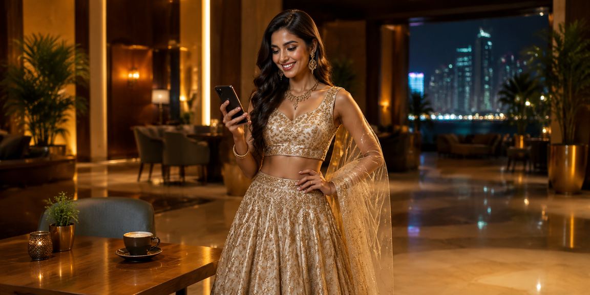Indian woman using mobile casino app with traditional Lehenga dress