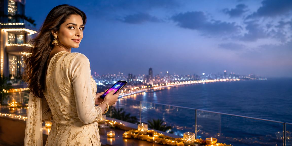 Young woman using mobile device for cricket betting in Mumbai